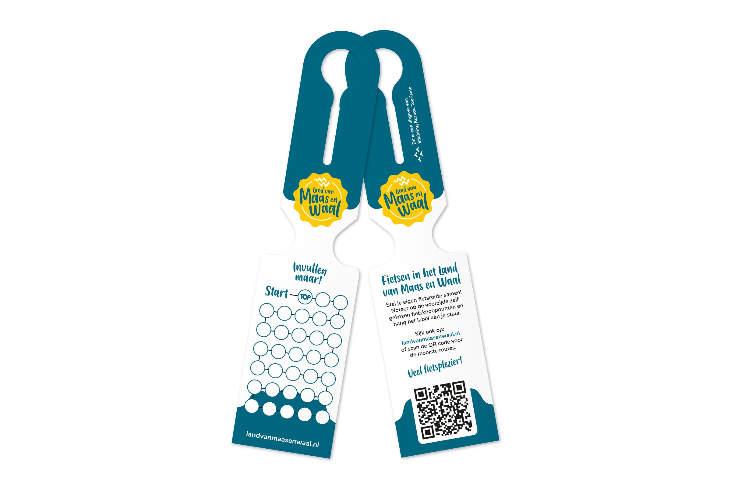 Mock-up Fietslabel Land van Maas en Waal - Stichting Bureau Toerisme Two teal promotional bookmarks with a yellow sunburst badge reading 'land van Maas en Waal' and a QR code on one, lifestyle design.