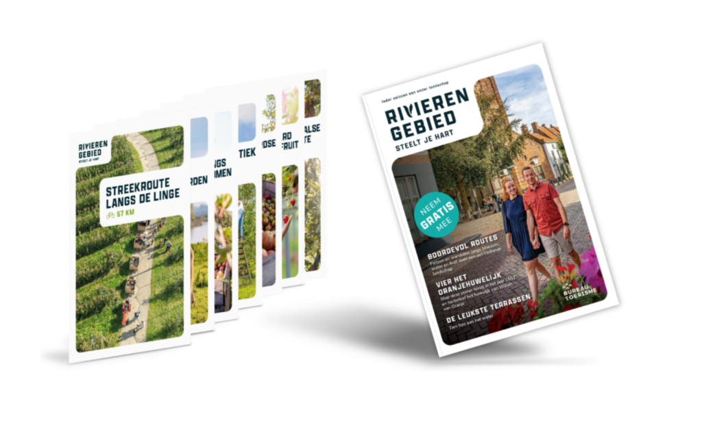 Promotional magazines fanned out, with one cover showing a couple in a town and bold Dutch text Rivieren Gebied