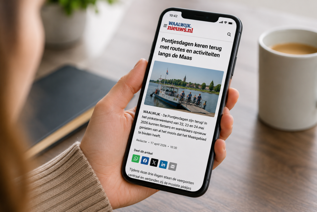 Mobile screen shows a Dutch news article about Pontjesdagen returning with routes along the Maas, with a boat photo on the page.