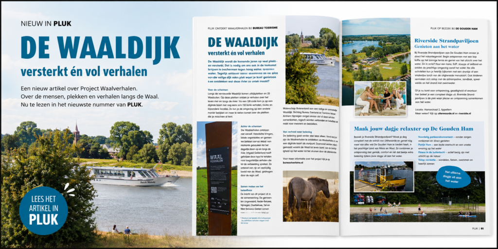 Two-page magazine spread promoting De Waaldijk, featuring a river scene on the left and article layouts on the right.