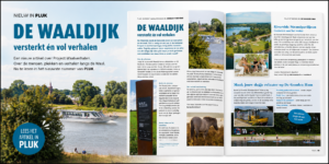 Waalverhalen | PLUK magazine - Stichting Bureau Toerisme - Stichting Bureau Toerisme Two-page magazine spread promoting De Waaldijk, featuring a river scene on the left and article layouts on the right.