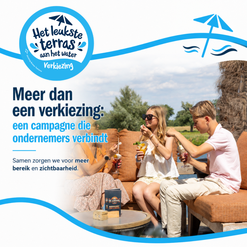 Campaign banner with a blue circular logo in the top left and a group of friends on a terrace, promoting a campaign that connects entrepreneurs. Text reads: 'Meer dan een verkiezing: een campagne die ondernemers verbindt'.