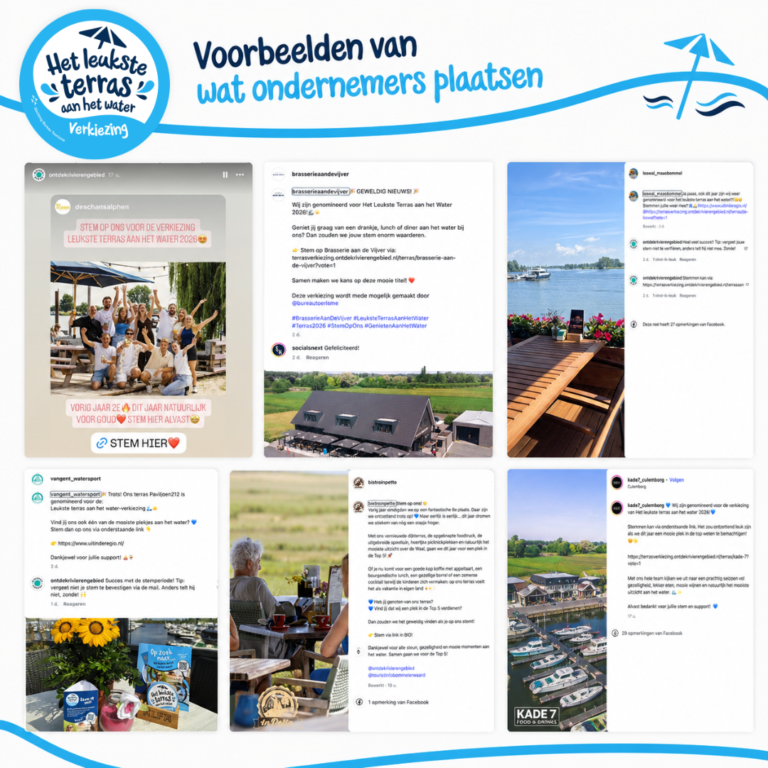 Collage of eight social media screenshots promoting 'Het Leukste Terras' with a blue wave banner and terrace photos, top left logo visible.