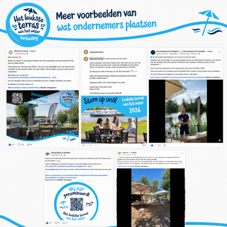 Collage of social media posts featuring water-side terraces and a blue logo banner for 'Het leukste terras aan het water'.