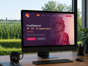 Desktop monitor shows Fruit Festival homepage with dates 19–21 September and a person in a fruit-themed costume on the right.