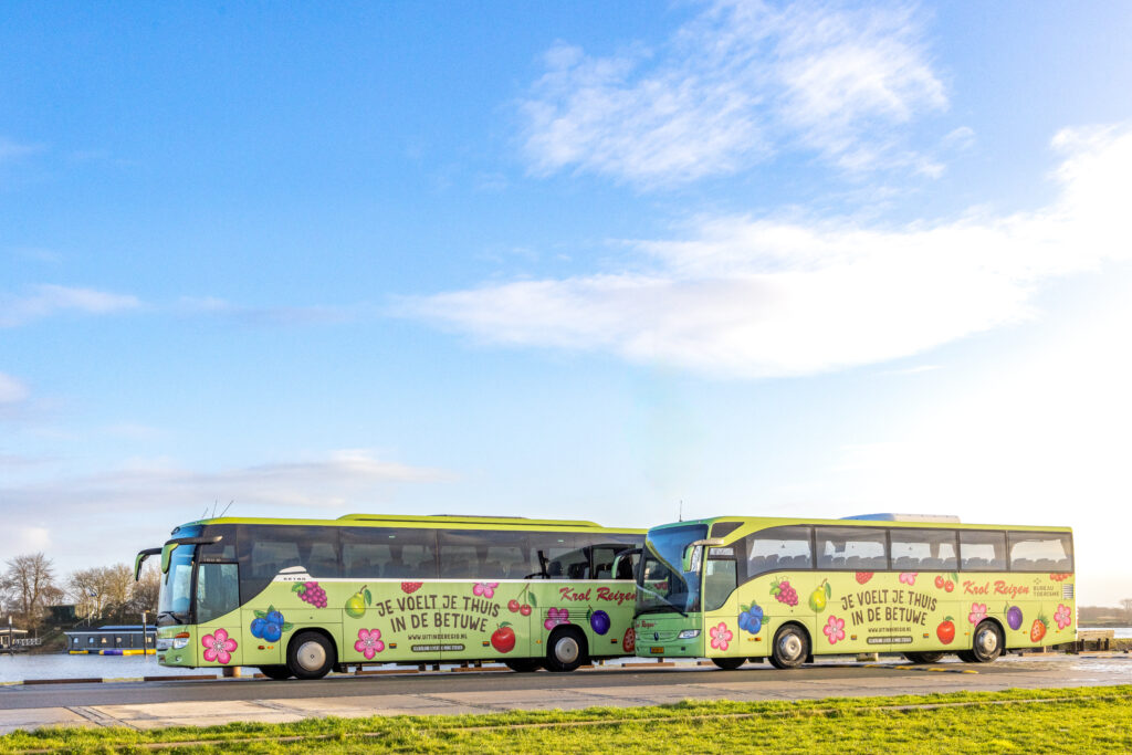 Two bright yellow-green tour buses parked side by side along a waterfront, decorated with fruit graphics and Dutch text, under a blue sky.
